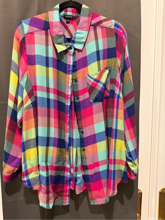 torrid Tops - torrid Multicolor Plaid Button-Down Shirt - Pink, Blue, Yellow